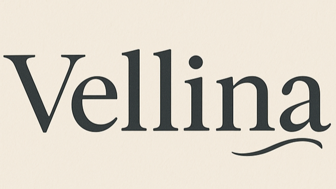 Vellina logo on a beige background